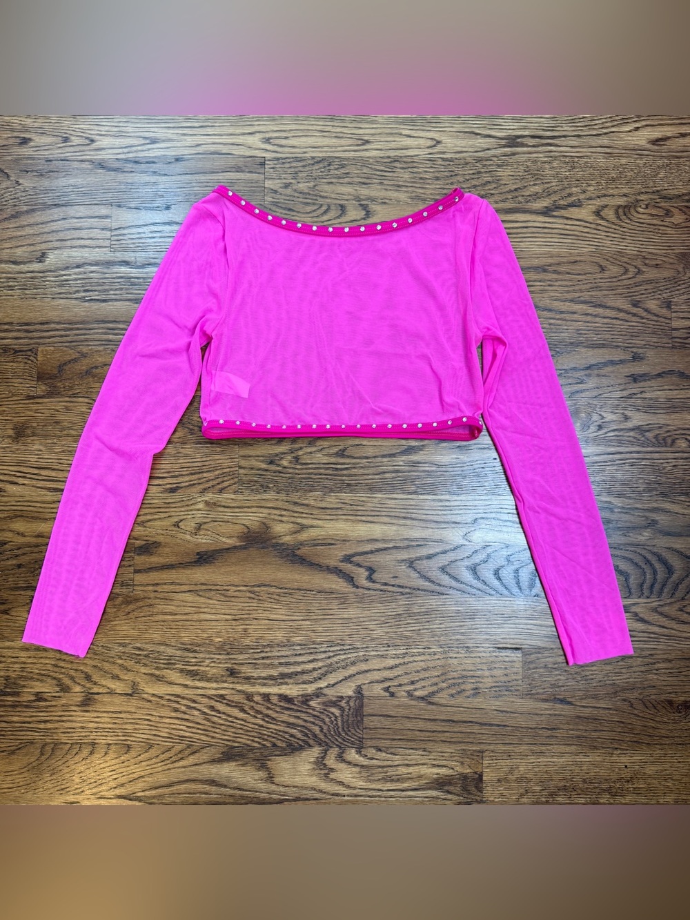 Weissman’s Designs For Dance Girls Pink Long Sleeve Crop Top Rhinestones XLC